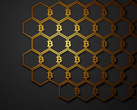 Bitcoin symbols connected in a pattern. Cryptocurrency background. 3D illustration.