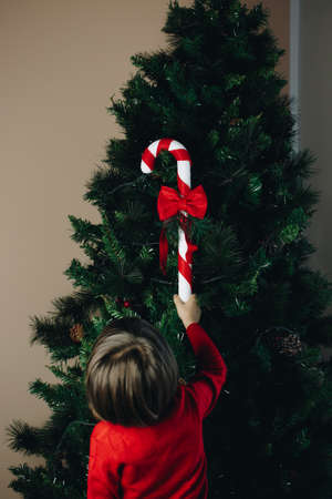 Child decorating the Christmas tree seen from behind