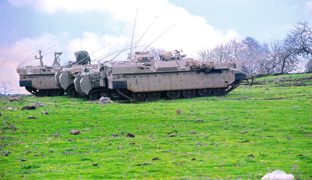 GOLAN HEIGHTS, ISRAEL - MARCH 12, 2011: Old Israeli Tanks from the war in an outdoor exhibit in the Golan Heights in the North of Israelのeditorial素材