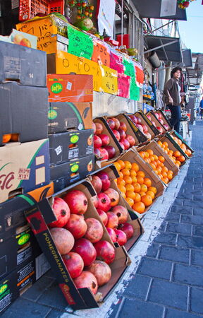 JAFFA, ISRAEL - APR 11, 2014: Fruit and vegetable stand at the Jaffa, Tel Aviv Flea Market in Israelのeditorial素材