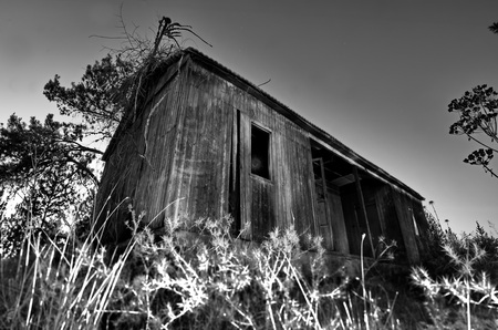 Creative Black and White B&W Light painting of an abandoned wooden cabin in rural Israel with blue hour sky - wide angle viewの写真素材