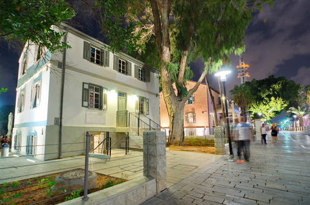 Tel Aviv Night Life - Restored houses at night at the hip Sarona district featuring rich night life and conserved Templer era German architecture from the late 1800'sのeditorial素材
