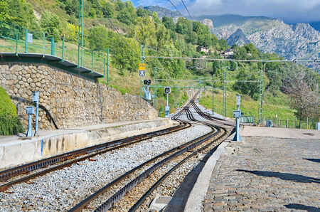 Rack railway railroad tracks in Vall de Nuria in the Eastern Pyrenees Mountains in Spainのeditorial素材