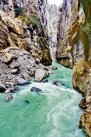 Aare Gorge - Aareschlucht, a section of the river Aare that carves through a limestone ridge near the town of Meiringen, in the Bernese Oberland region of Switzerland.の写真素材