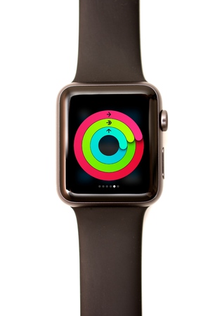 NEW YORK - JULY 9, 2015: High resolution image of the Apple Watch screen: The activity Glance showing the three circles of measuring activityのeditorial素材