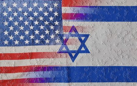 Cracked blended mix of USA and Israel flags signifying the recent clash and rivalry between the nations and specifically between President of the US and the Prime Minister of Israelの写真素材