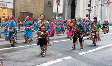 NEW YORK CITY - OCT. 9, 2016: People marching in the 2016 Hispanic Day Parade, part of the Hispanic National Heritage Month, on Fifth Avenue in Manhattan. New York Cityのeditorial素材