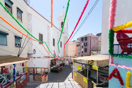 LISBON - JUNE 7, 2017: Lisbon streets in the Old City decorated for the Festas de Lisboa June festival celebrating the arrival of summerのeditorial素材