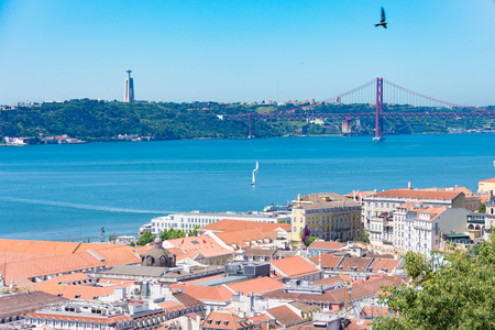 Buildings and streets of Lisbon, Portugal and the Tagus Bayの写真素材
