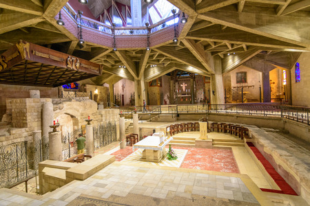 NAZARETH, ISRAEL - APRIL 30, 2016: Church Basilica of the Annunciation. Traditionally here angel Gabriel appeared to Virgin Mary and announced she would conceive  Jesus Christのeditorial素材