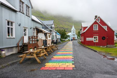 SEYDISFJORDUR, ICELAND, JULY 26, 2018: Beautiful quaint artist town of Seydisfjordur in East Icelandのeditorial素材