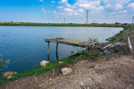 Fresh water fish growing ponds and migrating birds at Kibbutz Haogen in central Israelの写真素材