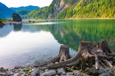 Beautiful spring day on Lake Gosau (Gosausee) in the Austrian Lake Districtの写真素材