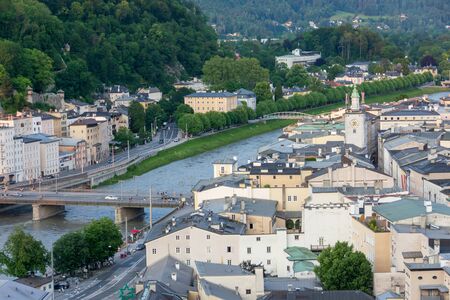 View of Salzburg, city of Mozart, iconic and historic center and old town from the Kapuzinerberg Hillの写真素材