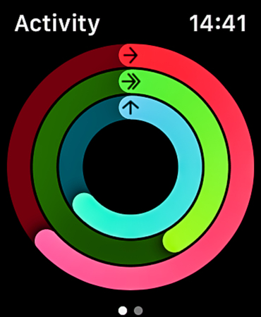 NEW YORK - DEC. 21, 2018: High resolution Apple Watch Fouth Generation screen showing the Activity app, isolated on black and ready to cut and use - illustrative editorial - Imageのeditorial素材