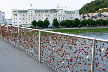 SALZBURG, AUSTRIA - JUNE 6, 2019: Salzburg Makartsteg love lock pedestrian bridgeのeditorial素材