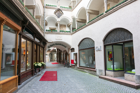 SALZBURG, AUSTRIA - JUNE 5, 2019: One of many famous Salzburg Passages containing small shops and businesses in a covered environemt, making use of the limited space in the old townのeditorial素材