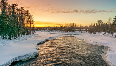 Beautiful sunset blue hour in arctic Lapland, Finlandの写真素材
