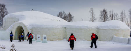 ROVANIEMI, FINLAND - FEB 25, 2020: Ice castle and hotel  in Lapland country in northern Finland