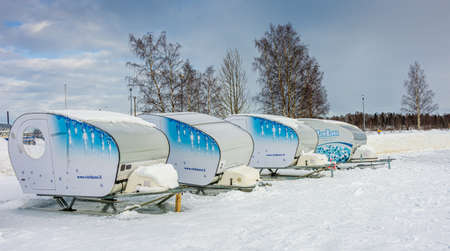 ROVANIEMI, FINLAND - FEB 25, 2020: Covered sleds  in Lapland country in northern Finlandのeditorial素材
