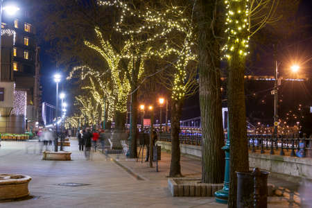 BUDAPEST - DEC. 31, 2019: Festive New Year's Eve in a decorated boulevard on the edge of the Denube River, Budapest, Hungaryのeditorial素材