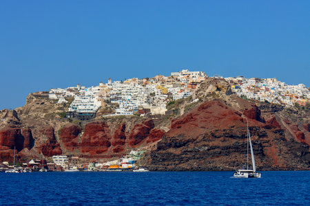 Santorini, Greece. View from the sea to the city of Oia.の写真素材