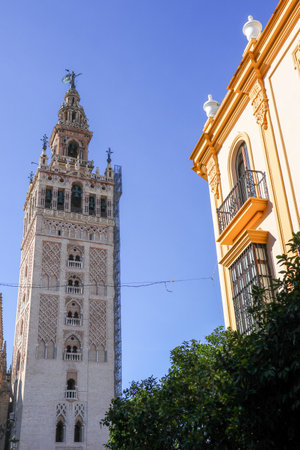 The bell tower of the Cathedral of Seville, Andalusia, Spainの写真素材