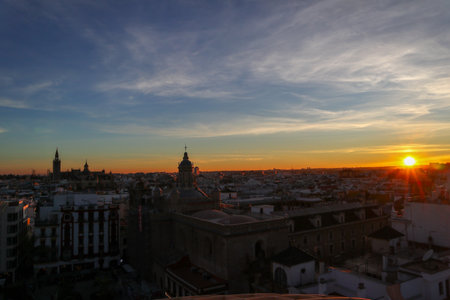 Panoramic view of Seville at sunset, Andalusia, Spainの写真素材