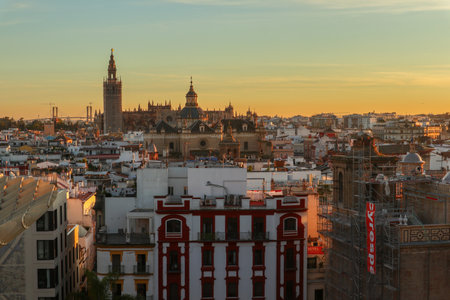 View of the city of Seville at sunset, Andalusia, Spainの写真素材
