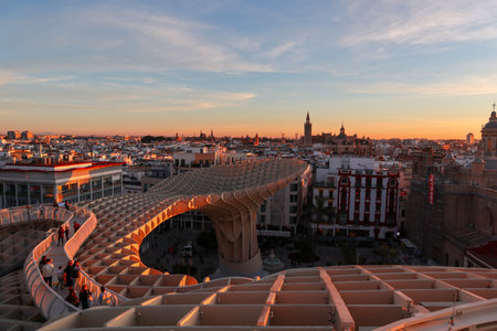 Sunset view of the modern architecture of the Plaza de Espana in Barcelona, Spainの写真素材