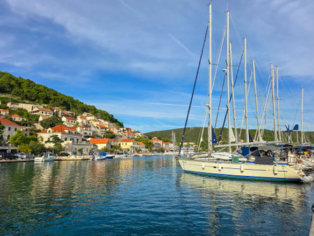 Boats and yachts in the port of Korcula, Croatiaの写真素材