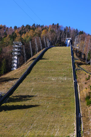 Aerial view of the  ski jump in autumnの写真素材