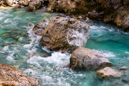 Mountain river with turquoise water and rocks in Crimea, Ukraineの写真素材