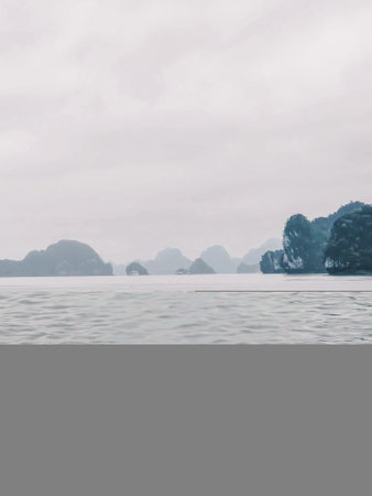 Landscape of sea and mountain in the mist.の写真素材