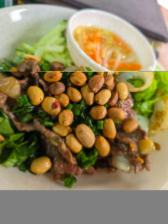 Thai spicy salad with pork and bean.の写真素材