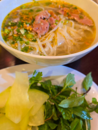 Thai noodle soup with pork and vegetable, thai food