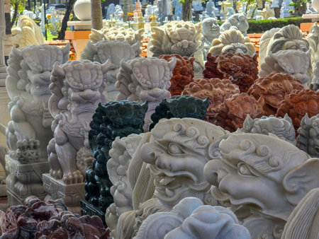 Statues of Chinese gods in a Buddhist temple in the south of Thailandの写真素材