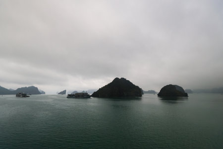 Limestone island in Halong bay, Vietnam. Cloudy day