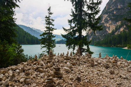 Beautiful view of Lake Braies in Dolomites, Italyの写真素材