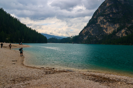 Landscape view of Karagol (Black lake) in Dolomites, Italyの写真素材