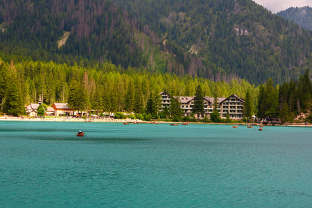 Lake Lago di Braies in Dolomites mountains, Italyの写真素材