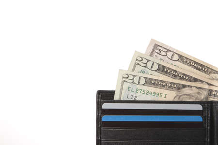 Black Leather Wallet with Money on white backgroud