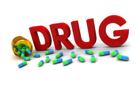 Word Drug with pills illustration isolated on white backgroundの写真素材