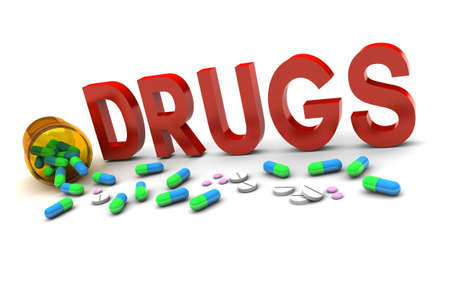 Word Drugs with pills illustration isolated on white backgroundの写真素材