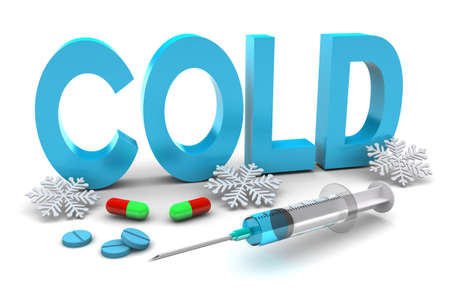 Cold word with snowflake and medication illustration on white backgroundの写真素材