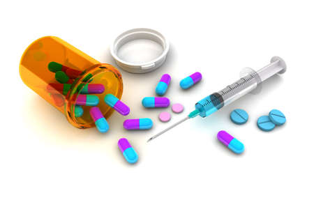 Daily medication pills and injection illustration isolated on white backgroundの写真素材