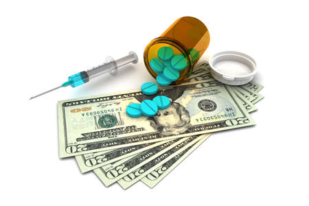 Money and Medicine illustration on white backgroundの写真素材