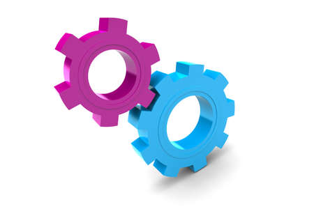 Two plastic gears isolated on white backgroundの写真素材