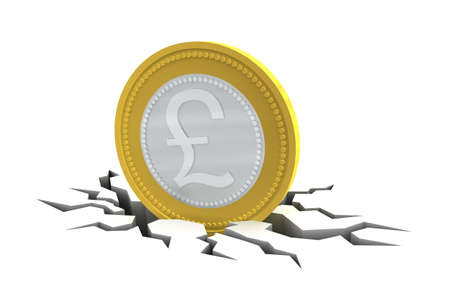 Pound Sterling Coin on cracked ground isolated on white backgroundの写真素材