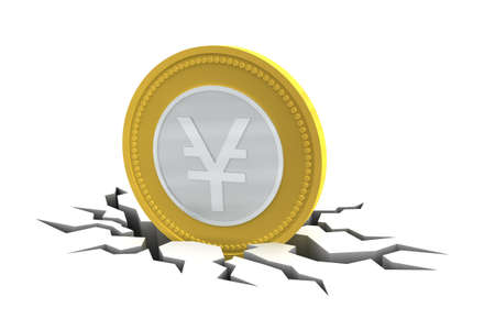Yen Coin on cracked ground isolated on white backgroundの写真素材